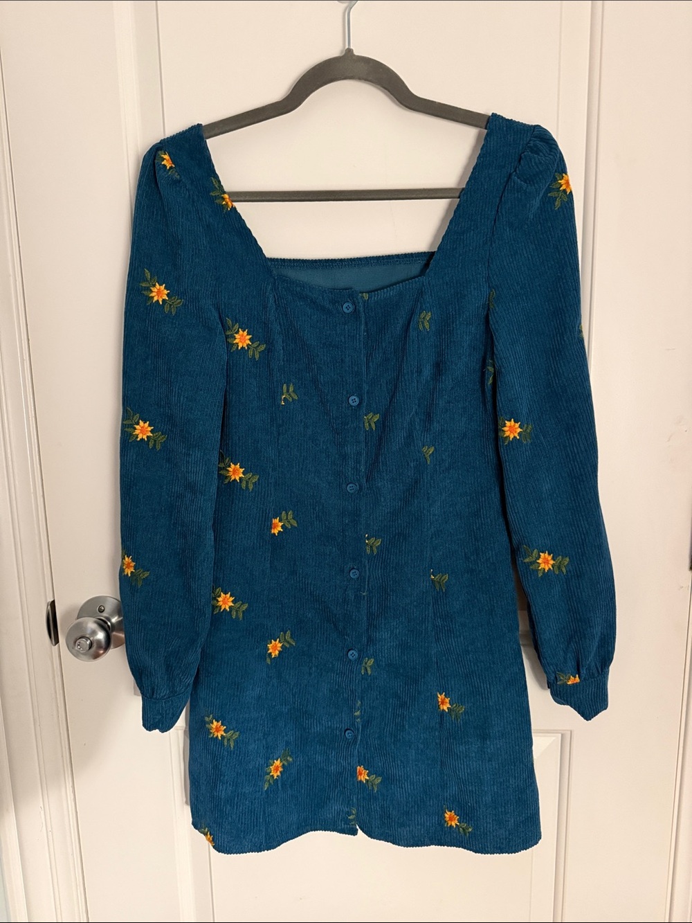 Corduroy Teal Long-Sleeve Floral Button Dress